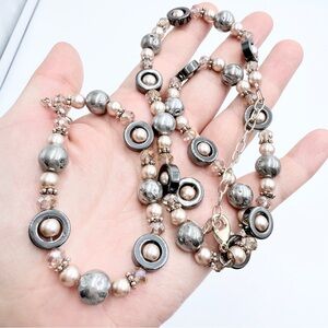 Grey Faux Pearl & Hematite Necklace Bracelet Set with Distressed Grey Beads